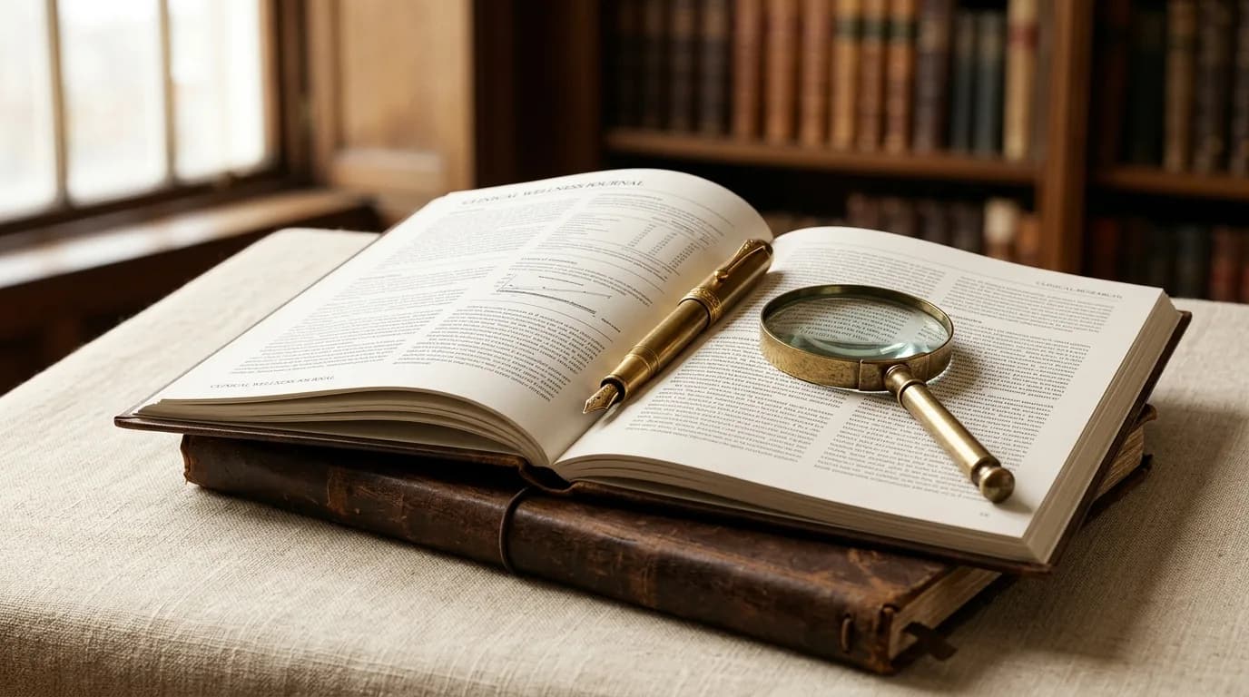 An open clinical wellness journal with a vintage gold fountain pen and magnifying glass resting across the page, on a leather notebook in a library setting.