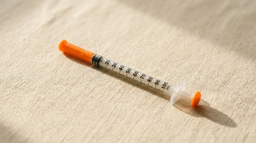 An insulin syringe drawing a small volume of clear liquid on a warm cream surface.