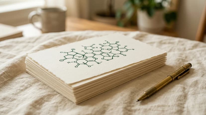 A neat stack of cream index cards on a warm cream surface, top card showing a hand-drawn molecular schematic in deep forest green ink.