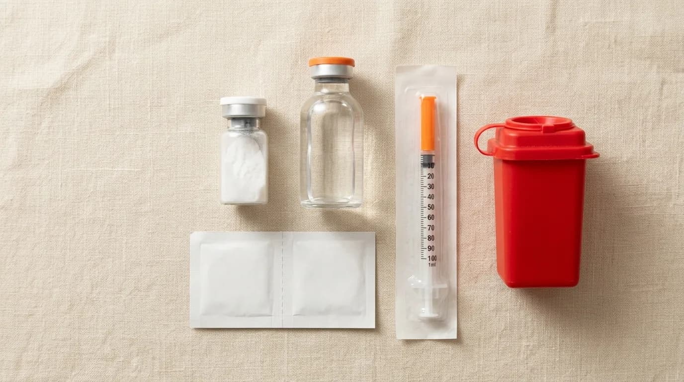 A first-time peptide kit flat-lay: peptide vial, bacteriostatic water bottle, insulin syringe, alcohol prep pads, and a small sharps container on a warm cream surface.