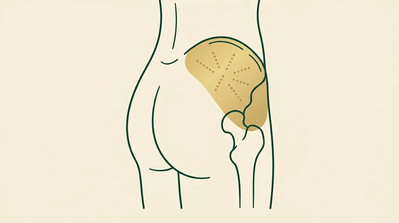 Stylized illustration of the upper buttock / hip flank injection site.