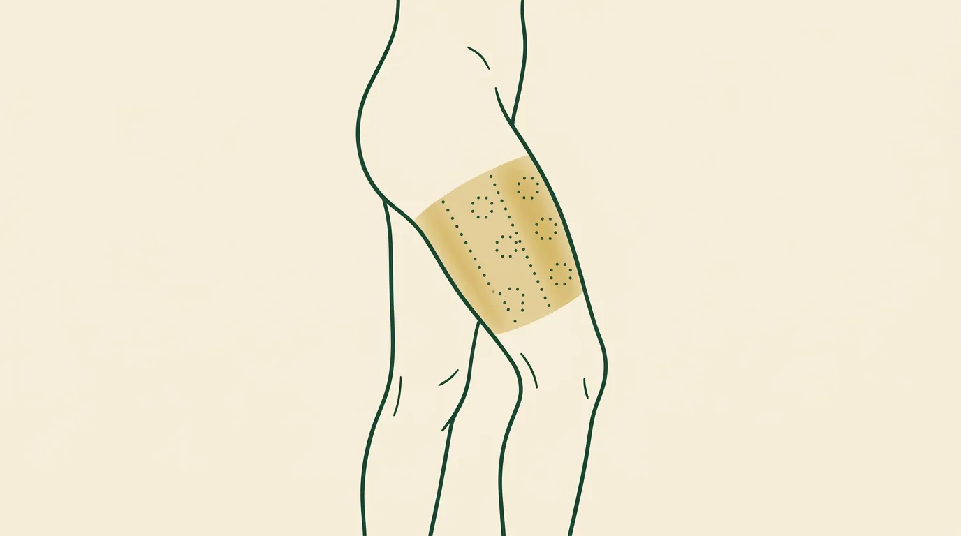 Stylized illustration of the outer thigh injection site.