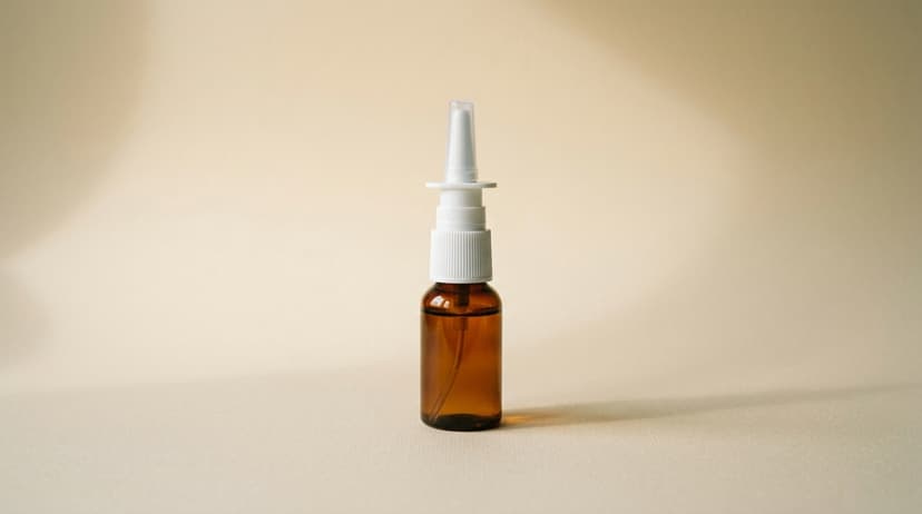Amber-tinted nasal spray bottle with white pump cap on a warm cream surface.
