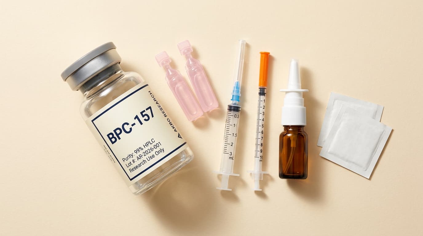 Flat-lay of supplies for preparing a peptide nasal spray: lyophilized peptide vial with rubber stopper, pink saline ampules, 3 mL Luer-lock syringe with blue safety cap, insulin syringe with orange cap, amber nasal-spray bottle with white pump, and two alcohol prep pads, arranged on a warm cream surface.
