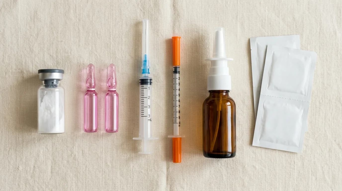 Flat-lay of supplies for preparing a peptide nasal spray: lyophilized peptide vial with rubber stopper, pink saline ampules, 3 mL Luer-lock syringe with blue safety cap, insulin syringe with orange cap, amber nasal-spray bottle with white pump, and two alcohol prep pads, arranged on a warm cream surface.