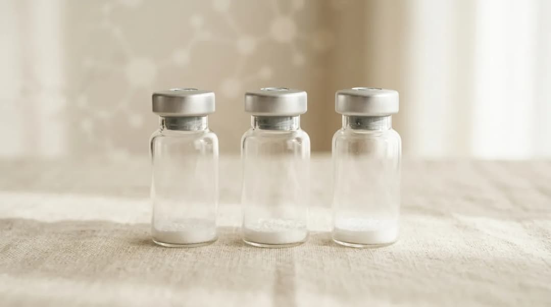 Three plain glass peptide vials in a row on a warm cream surface, with a faint molecular pattern in the soft background.