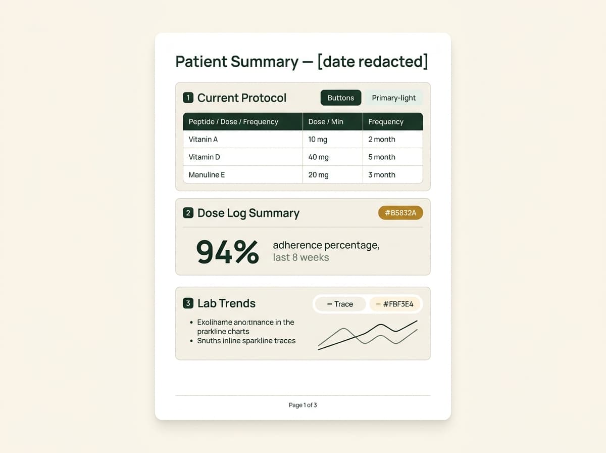 A faux Juno Doctor Report PDF page preview showing protocol summary, dose log table, and lab trend chart.