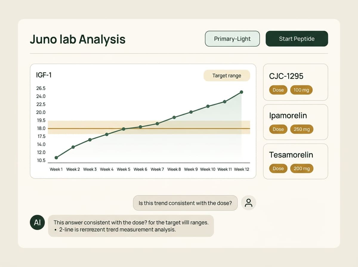 A faux Juno lab analysis screen showing a 12-week IGF-1 sparkline next to an active GH-axis stack with an AI chat exchange about the correlation.