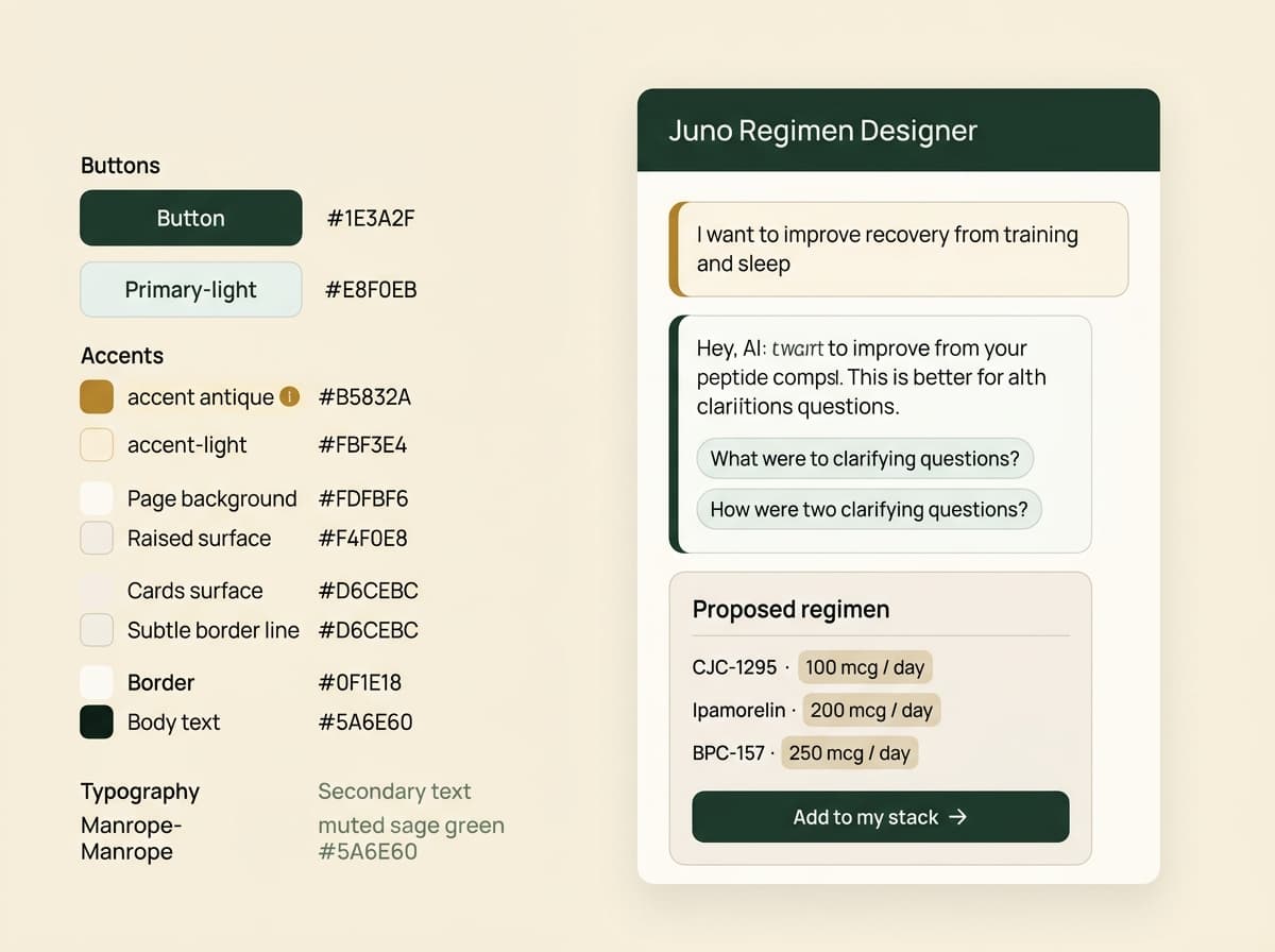 A faux Juno Regimen Designer chat conversation ending with a proposed regimen card and an Add to my stack button.