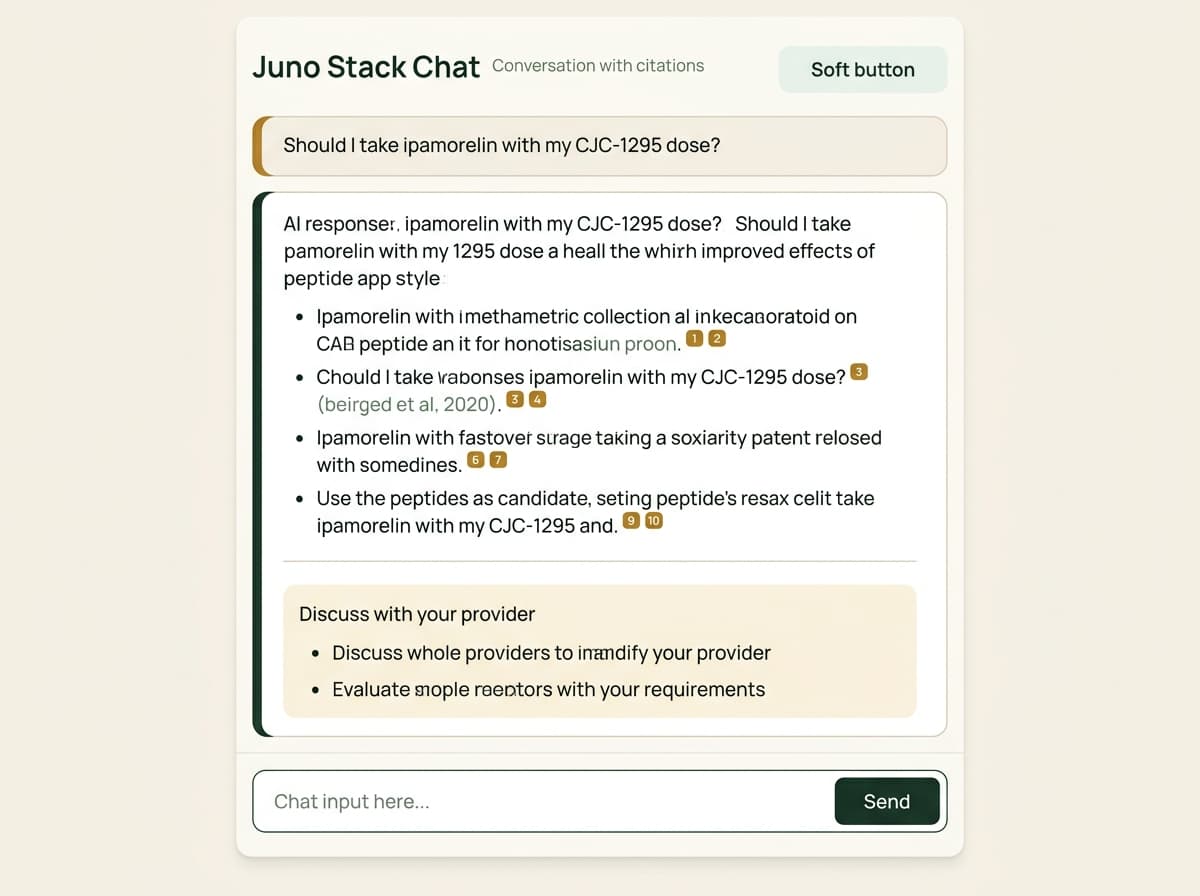 A faux Juno Stack Chat conversation with a user question, a grounded answer showing inline citations, and a discuss-with-your-provider list.