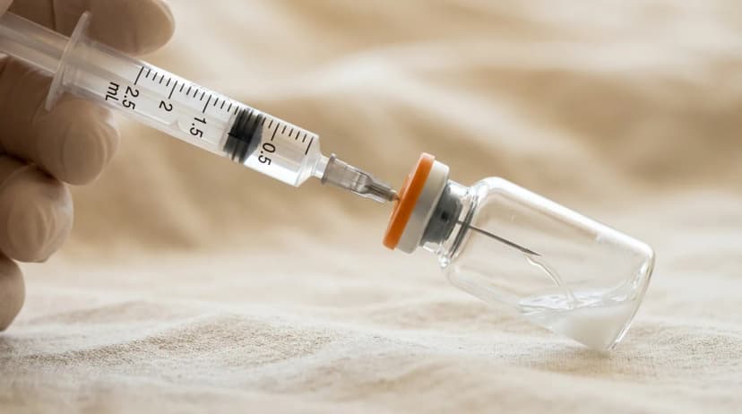 A 3 mL Luer-lock syringe dispensing bacteriostatic water down the inside wall of a peptide vial.