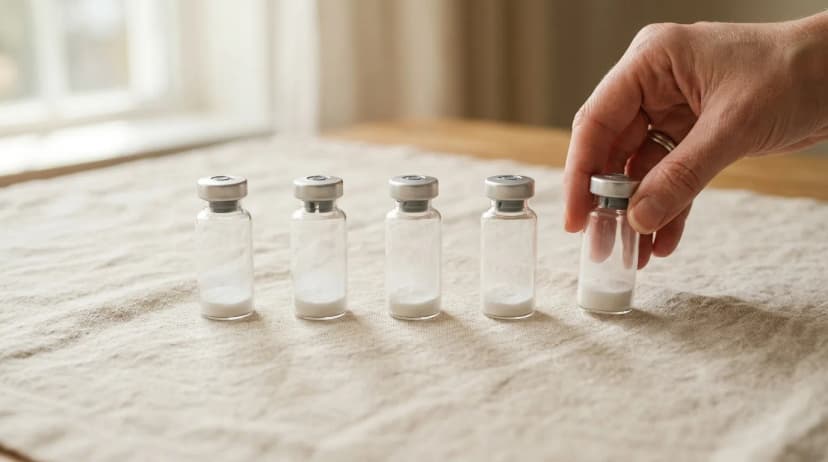 A row of peptide vials on a warm cream surface with a hand placing the next vial in line.