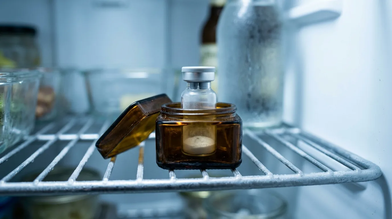 A peptide vial sitting in an open small amber apothecary box on a refrigerator shelf, shielded from light.