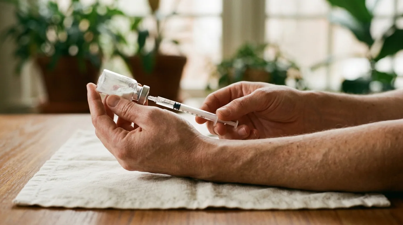 Cropped hands holding a peptide vial and drawing bacteriostatic water with a syringe.