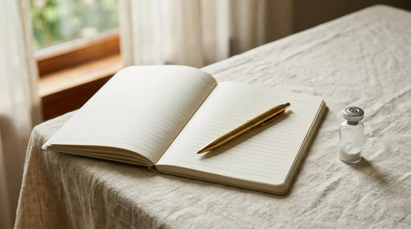 An open dose log notebook with a vintage gold pen across the page, a peptide vial beside it on a cream linen surface.