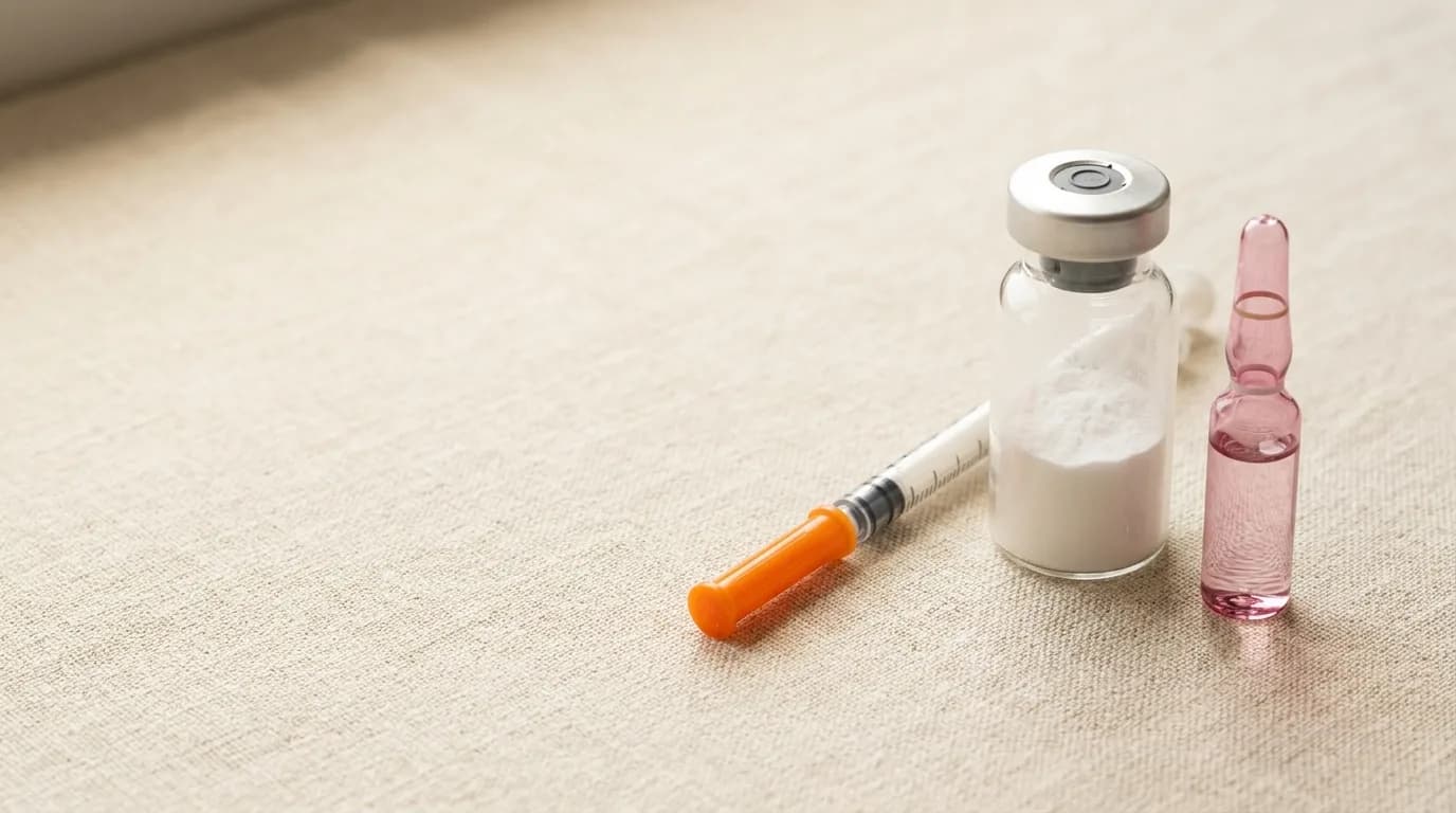 A peptide vial, an insulin syringe with orange cap, and a pink-tinted saline ampule arranged on a warm cream linen surface.